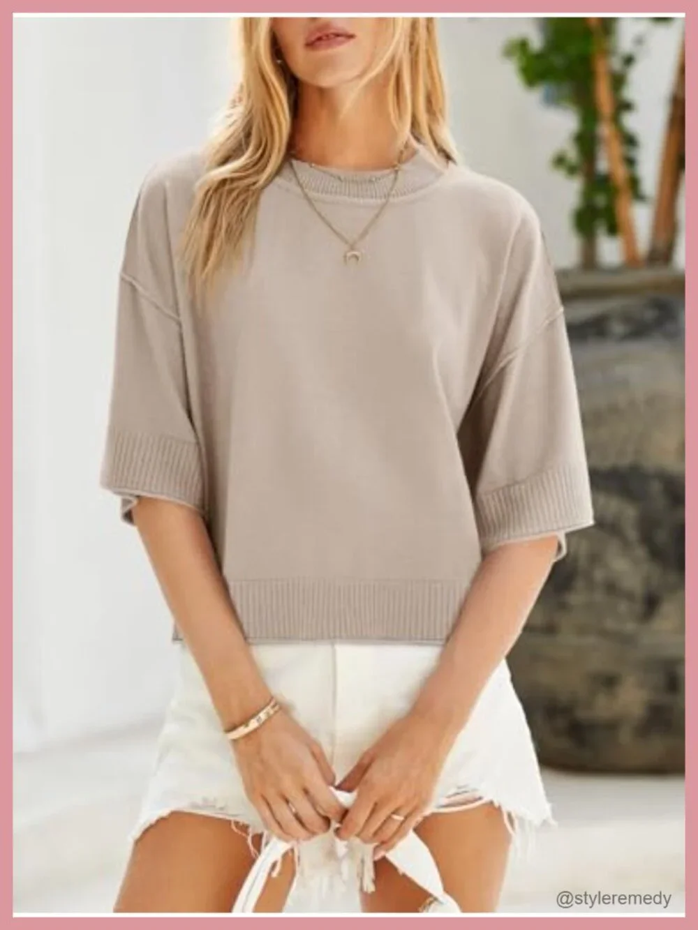 Short Sleeve Sweater Summer Oversized Cropped Crewneck Lightweight Knit Top